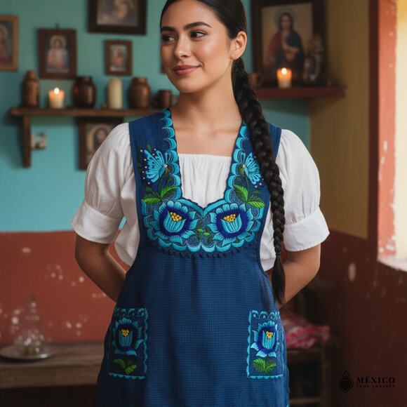 Blue Mexican Embroidered Apron – Basic Handmade Apron with Floral Design - Picture 5 of 9